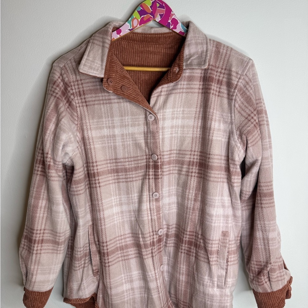 Love Tree | Reversible Corduroy Button-Up Jacket - Dark Orange, and Pink Plaid - Picture 8 of 14